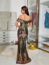 Formal Off Shoulder Contrast Black Sequin Evening Dress